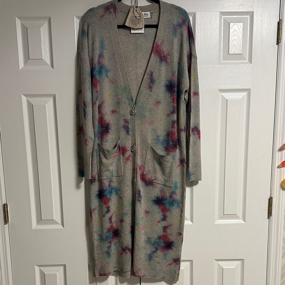 27 Miles Women’s Grey Tie-Dye Cashmere Long Cardigan/Duster with Pockets Size S
